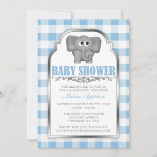 Niedlich Elephant Blue Gingham Baby Shower Einladu Einladung