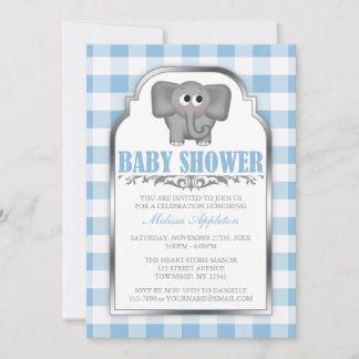 Niedlich Elephant Blue Gingham Baby Shower Einladu Einladung