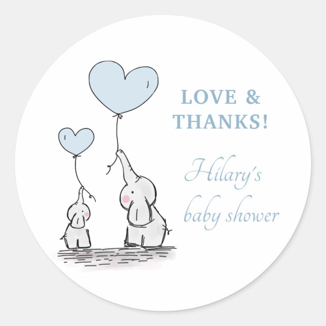 Niedlich Elephant Blue Heart Balloons Boy Baby Dus Runder Aufkleber (Vorderseite)