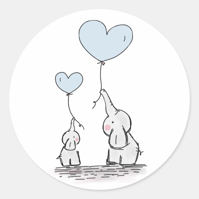 Niedlich Elephant Blue Heart Balloons Boy Baby Dus Runder Aufkleber (Vorderseite)