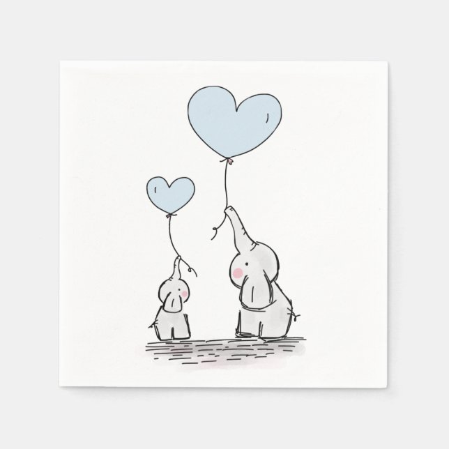 Niedlich Elephant Blue Heart Balloons Boy Baby Dus Serviette (Vorderseite)