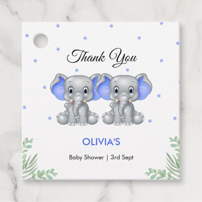 Niedlich Elephant Blue Twin Boys Baby Dusche Geschenkanhänger (Vorderseite)