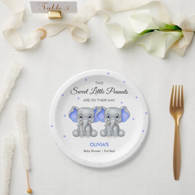Niedlich Elephant Blue Twin Boys Baby Dusche Pappteller (Hochzeit)