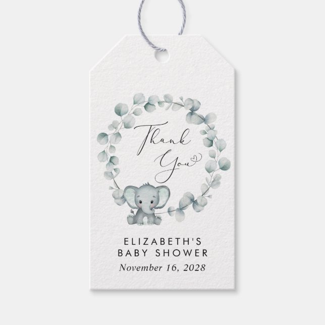 Niedlich Elephant Eucalyptus Baby Dusche Vielen Da Geschenkanhänger (Vorderseite)