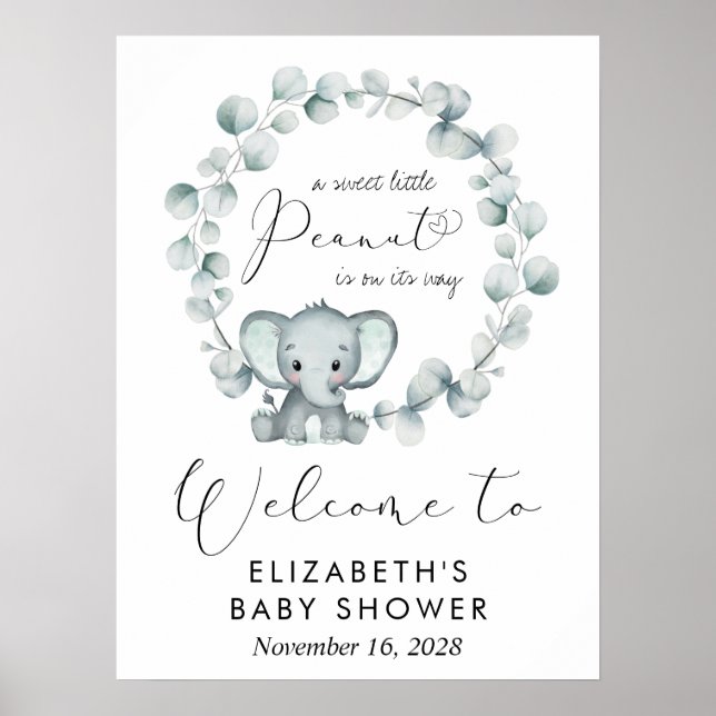 Niedlich Elephant Eucalyptus Baby Dusche Willkomme Poster (Vorne)