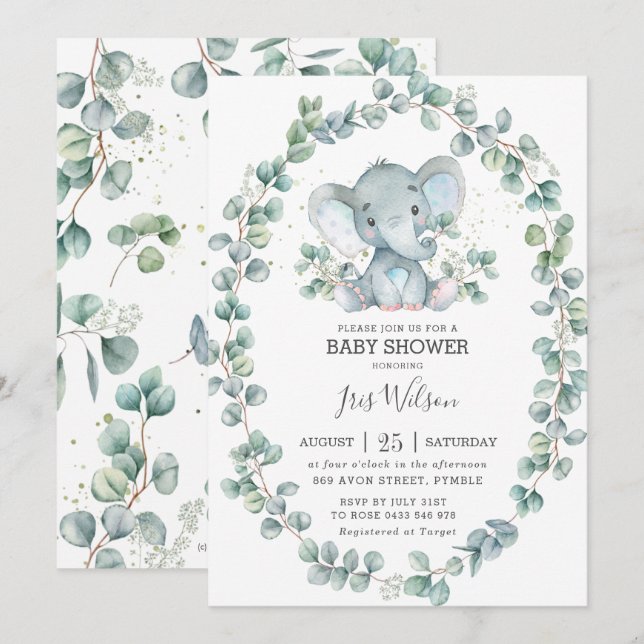 Niedlich Elephant Eucalyptus Greenery Baby Shower  Einladung (Vorne/Hinten)