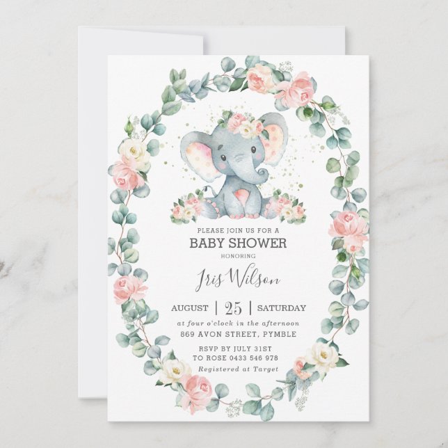 Niedlich Elephant Floral Greenery Baby Shower Girl Einladung (Vorderseite)