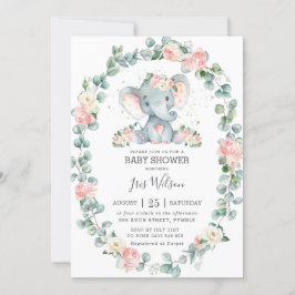 Niedlich Elephant Floral Greenery Baby Shower Girl Einladung