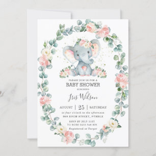 Niedlich Elephant Floral Greenery Baby Shower Girl Einladung