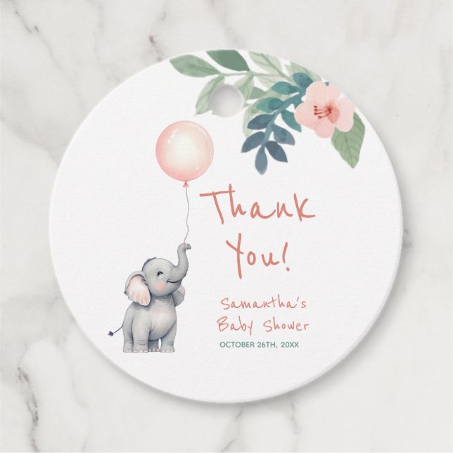 Niedlich Elephant Girl Pink Babydusche Danke Geschenkanhänger (Vorderseite)