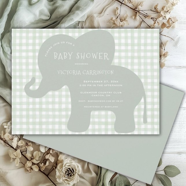 Niedlich Elephant Green Gingham Baby Shower Einladung (Von Creator hochgeladen)