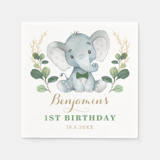 Niedlich Elephant Jungle Greenery 1. Geburtstag Serviette (Vorderseite)