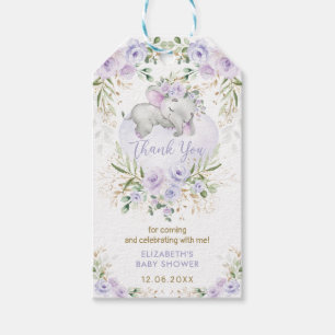 Niedlich Elephant Lavender Gold Floral Baby Dusche Geschenkanhänger