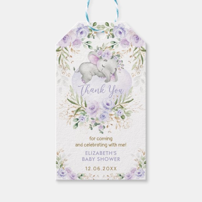 Niedlich Elephant Lavender Gold Floral Baby Dusche Geschenkanhänger (Vorderseite)