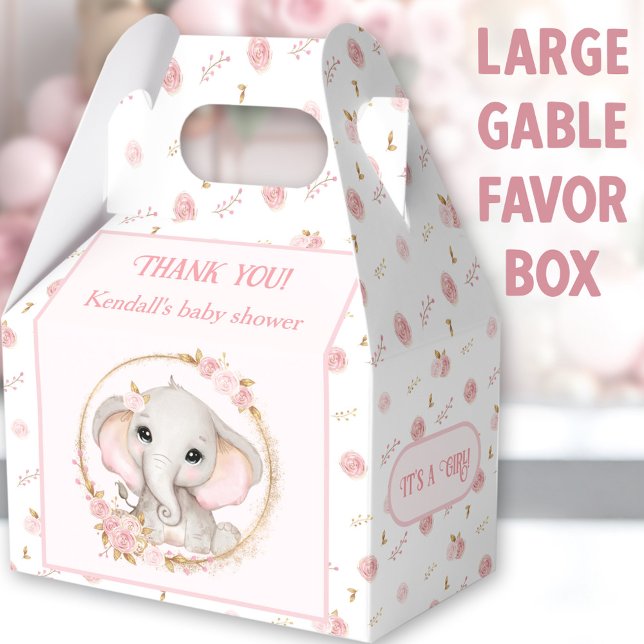 Niedlich Elephant Pink Blume Kinderdusche Groß Geschenkschachtel (Cute Elephant Large Gable Favor Boxes - You can choose from 3 sizes of these gable favor boxes)