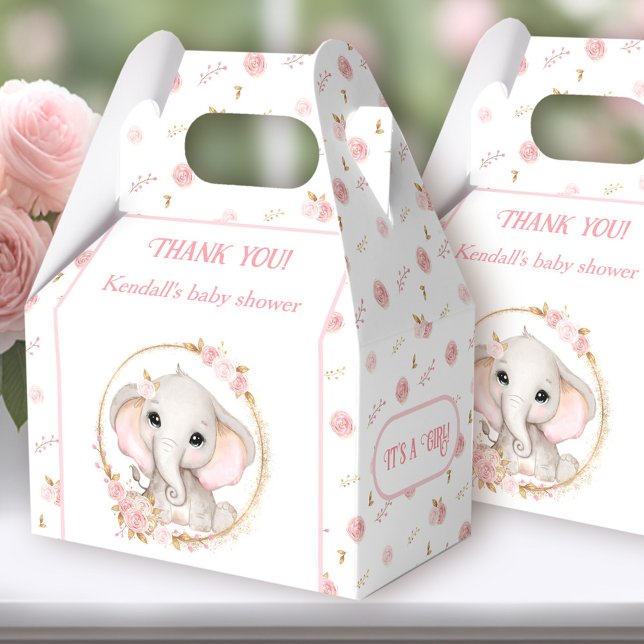 Niedlich Elephant Pink Blume Weiße Babydusche Geschenkschachtel (You can choose from 3 sizes of these gable favor boxes simply by clicking on the STYLE dropbox.)