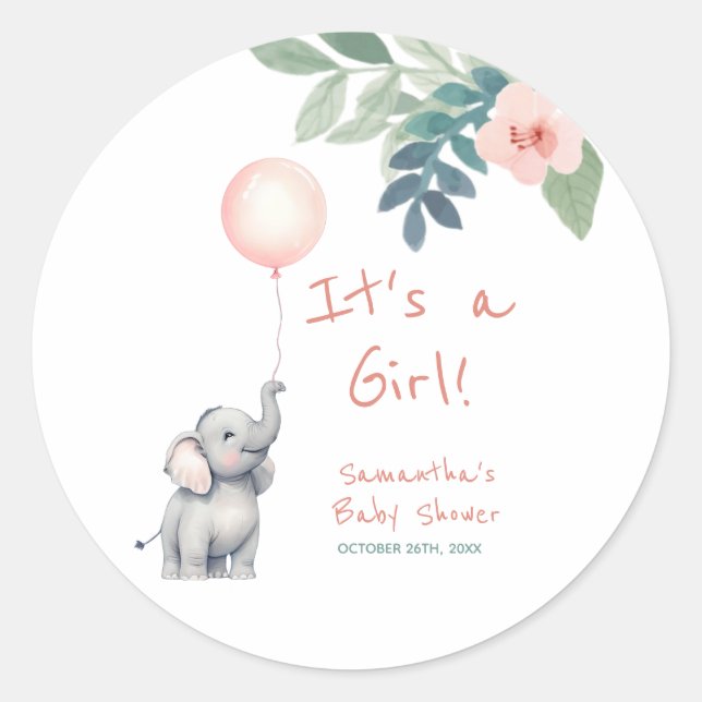 Niedlich Elephant Pink Es ist eine Girl Baby Dusch Runder Aufkleber (Vorderseite)