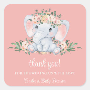Niedlich Elephant Pink Floral Girl Babydusche Quadratischer Aufkleber