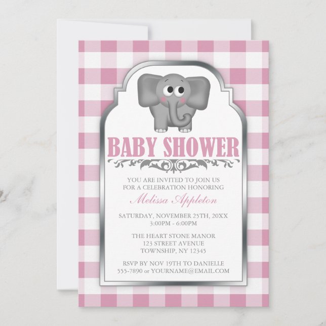 Niedlich Elephant Pink Gingham Baby Shower Einladu Einladung (Vorderseite)