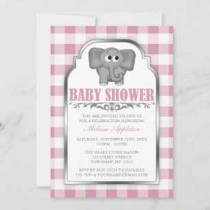Niedlich Elephant Pink Gingham Baby Shower Einladu Einladung
