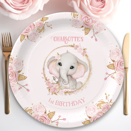 Niedlich Elephant Pink Girl Floral Rose 1. Geburts Pappteller