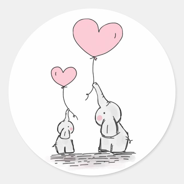 Niedlich Elephant Pink Heart Balloons Girl Baby Du Runder Aufkleber (Vorderseite)