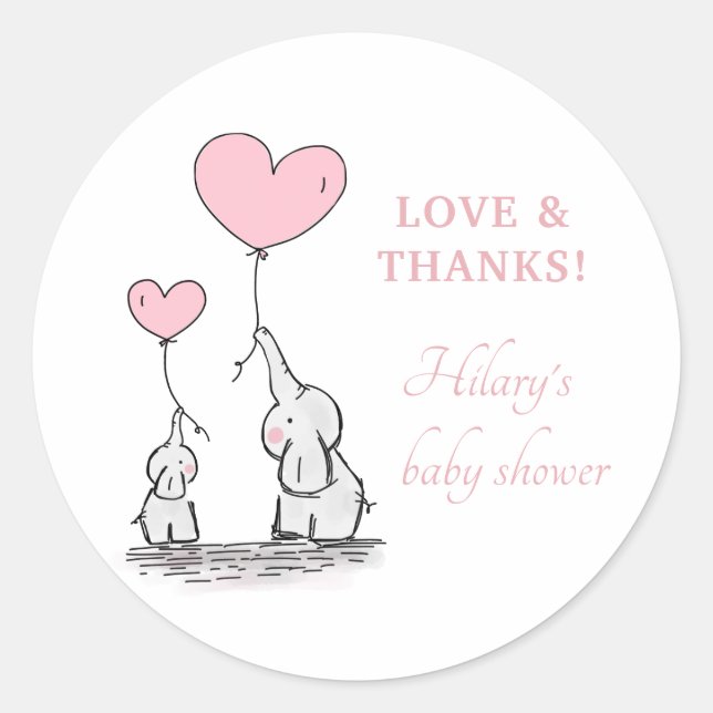 Niedlich Elephant Pink Heart Balloons Girl Baby Du Runder Aufkleber (Vorderseite)