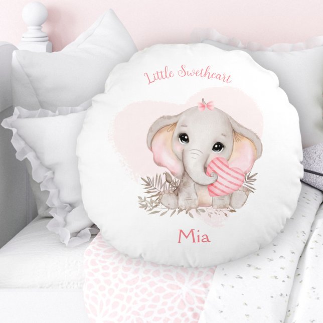 Niedlich Elephant Pink Heart Girl Kinderzimmer Nam Rundes Kissen (Cute Elephant Pink Heart Girl Nursery Name Round Pillow)