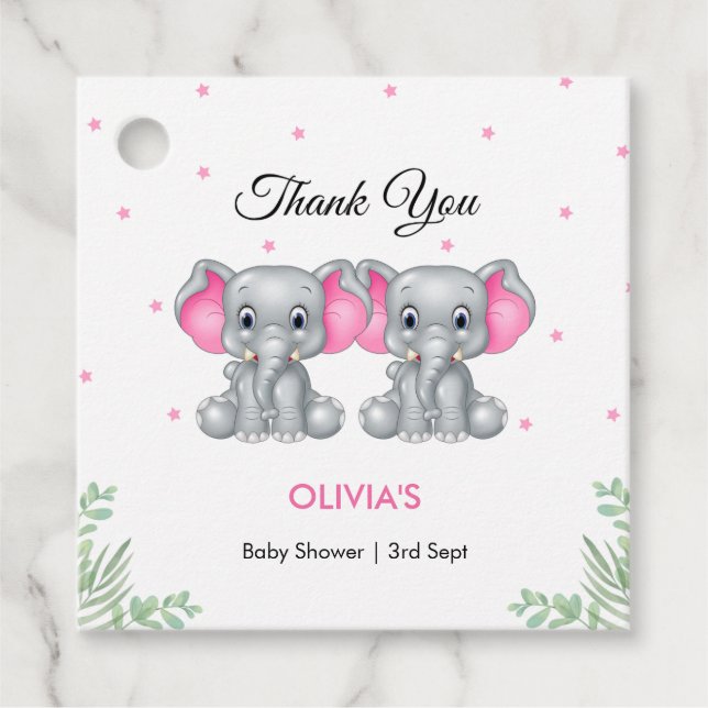 Niedlich Elephant Pink Twin Girls Baby Dusche Geschenkanhänger (Vorderseite)