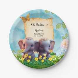 Niedlich Elephant Twins Baby Dusche Blue Floral Cu Pappteller