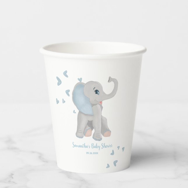 Niedlich Elephant Watercolor Blue Boy Baby Dusche Pappbecher (Vorderseite)
