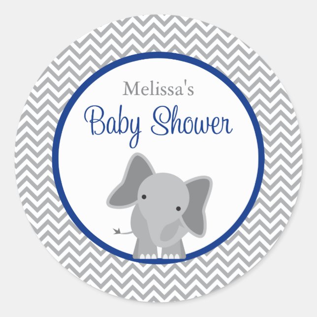 Niedlich Elephant Zickzack Navy Blue Baby Dusche Runder Aufkleber (Vorderseite)