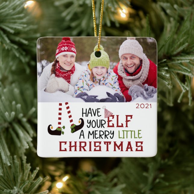 Niedlich Elf MERRY LITTLE CHRISTMAS 2 Foto Keramikornament (Baum)