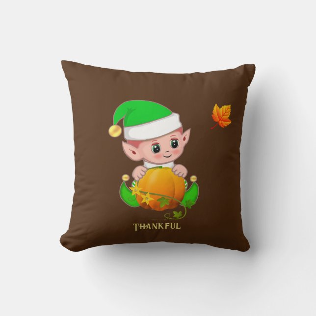 Niedlich Elf & Pumpkin auf Brown Kissen (Vorderseite)