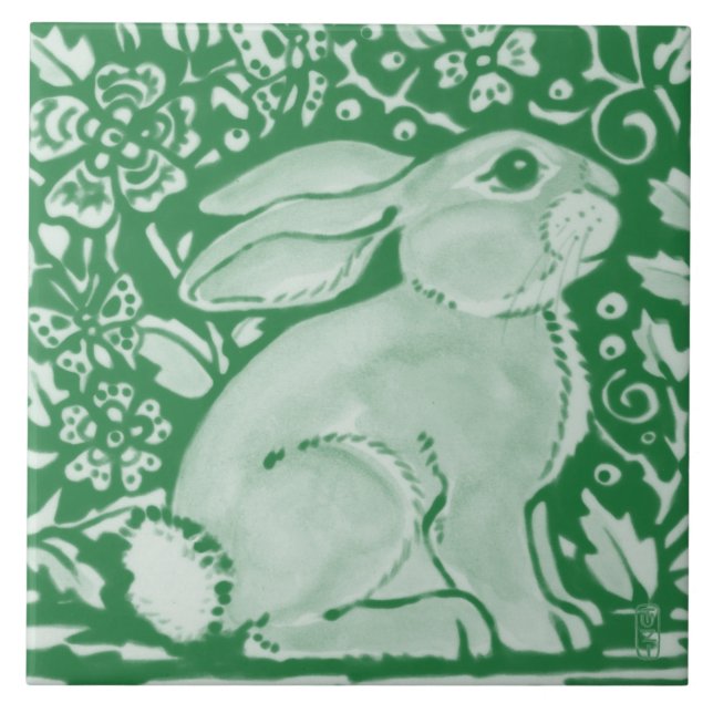Niedlich Emerald Green Rabbit Bunny Floral Garden Fliese (Vorderseite)
