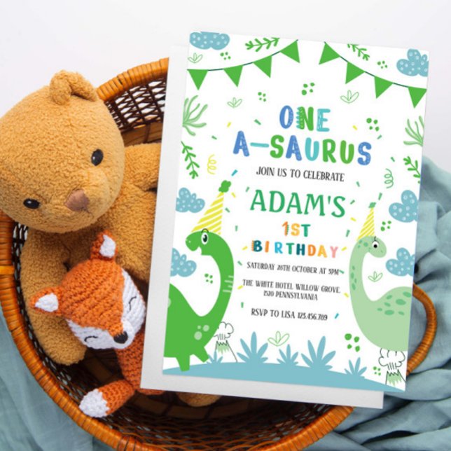 Niedlich Erster Geburtstag Grüner Dinosaurier Einladung (Von Creator hochgeladen)