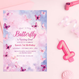Niedlich Erster Geburtstag Pink Butterfells Party Einladung