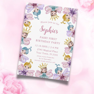 Niedlich Fairy First Pink Watercolor Geburtstag Einladung