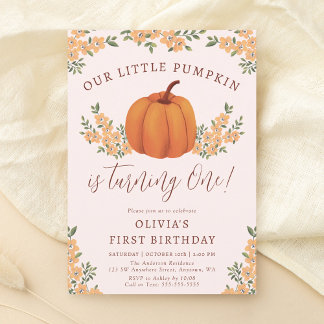 Niedlich Fall Floral Kleine Pumpkin Girl 1. Geburt Einladung