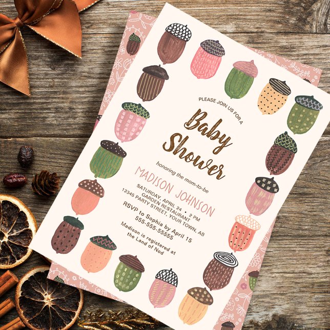 Niedlich Fall Pink Acorns Mädchen Dusche Einladung (Cute Fall Pink Acorns girl Baby Shower Invitation)