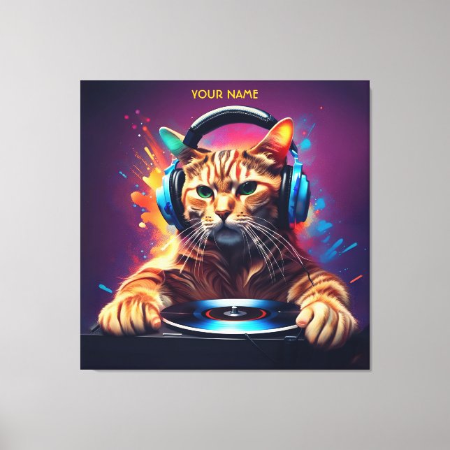 Niedlich Fantasy Cat DJ Vinyl Leinwanddruck (Vorderseite)