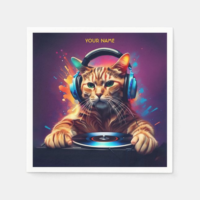 Niedlich Fantasy Cat DJ Vinyl Serviette (Vorderseite)