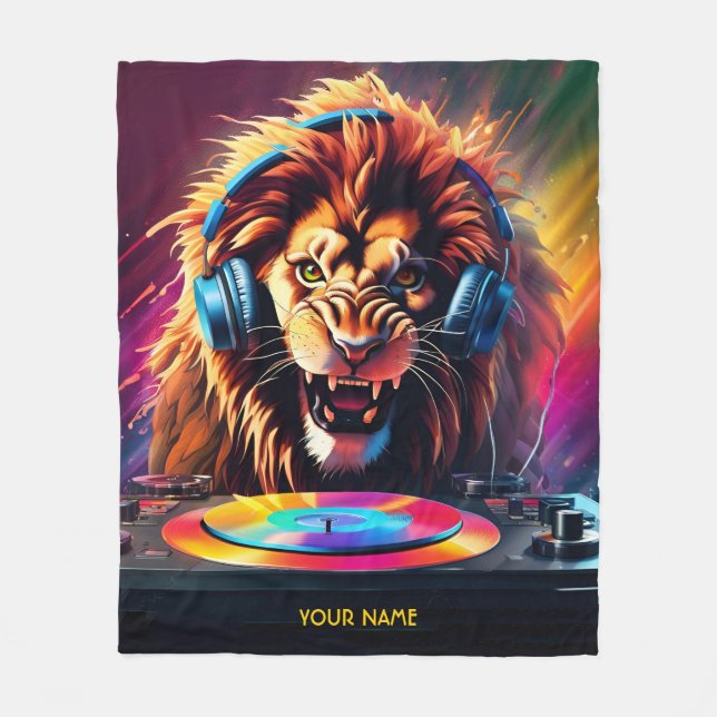Niedlich Fantasy Lion DJ Vinyl Fleecedecke (Vorderseite)