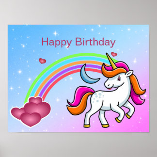 Niedlich, farbenfrohe Einhorn, Regenbogen, Herzen, Poster