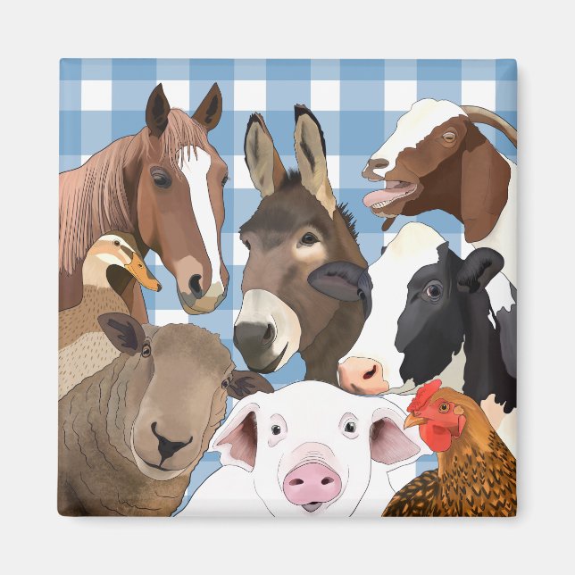 Niedlich Farm Animal Portrait Gingham Karo - Blau Magnet (Vorne)