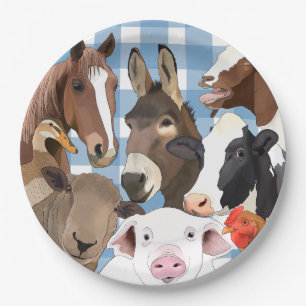 Niedlich Farm Animal Portrait Gingham Karo - Blau Pappteller