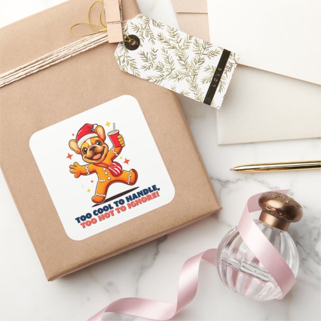 Niedlich Fawn French Bulldog Welpe Weihnachts-Cook Quadratischer Aufkleber (Schenken)