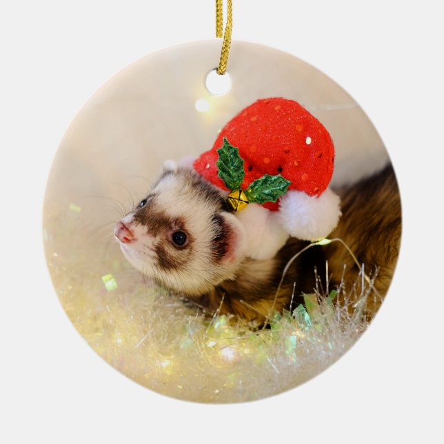 Niedlich Ferret in Holiday Hat Weihnachtsschmuck (Vorne)