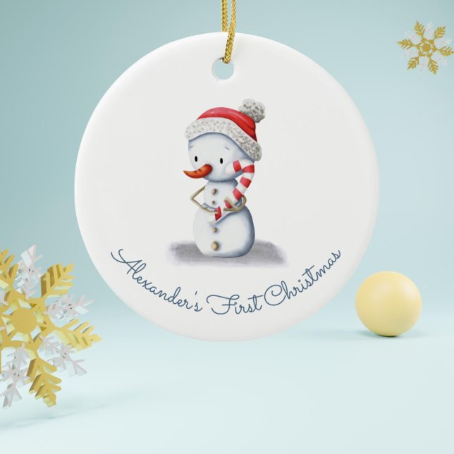 Niedlich First Christmas Snowman Keramik Ornament (Snowman with Candy Cane and Hat Baby First Christmas Ornament by Kinda Cute by Patricia Alvarez)