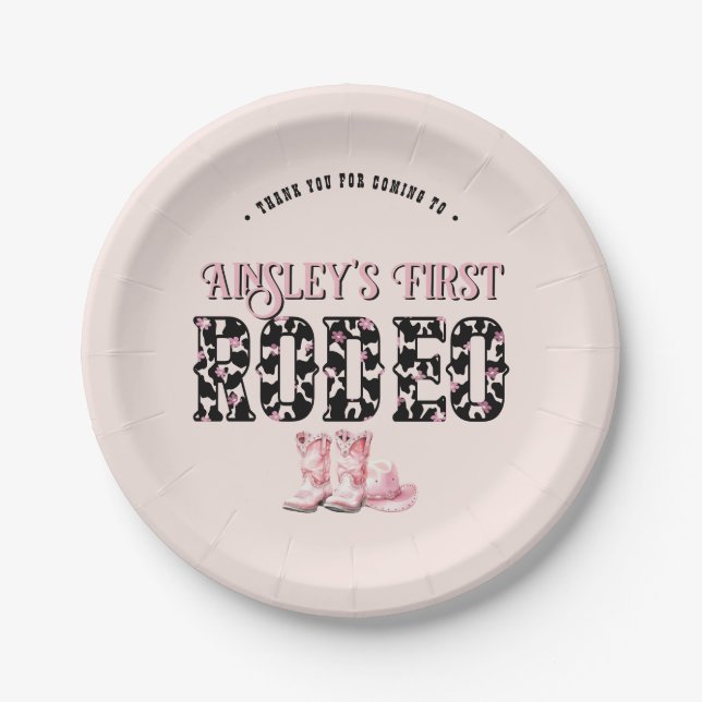 Niedlich First Rodeo Rosa Personalisiert 1. Geburt Pappteller (Vorderseite)